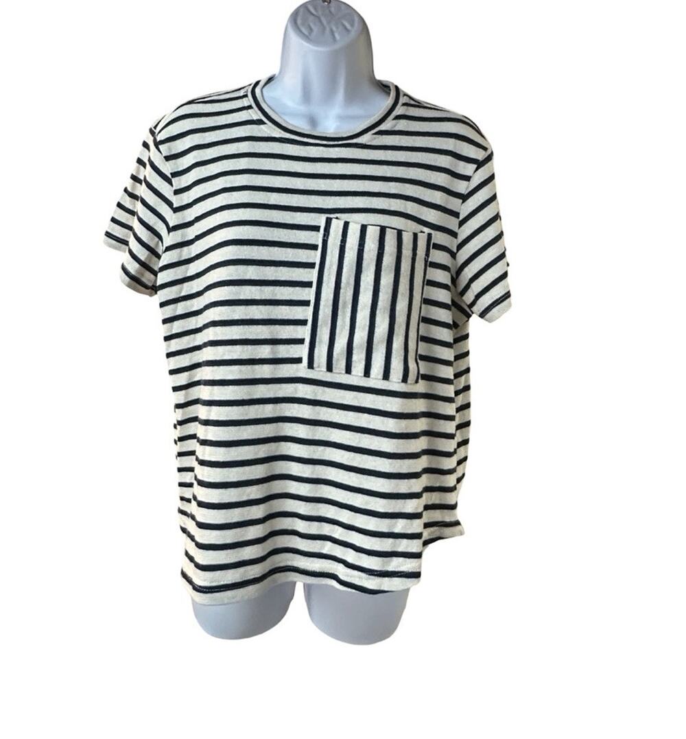 Apiece Apart Easy Pocket Tee XS Navy Cream Stripe Short Sleeve T-Shirt